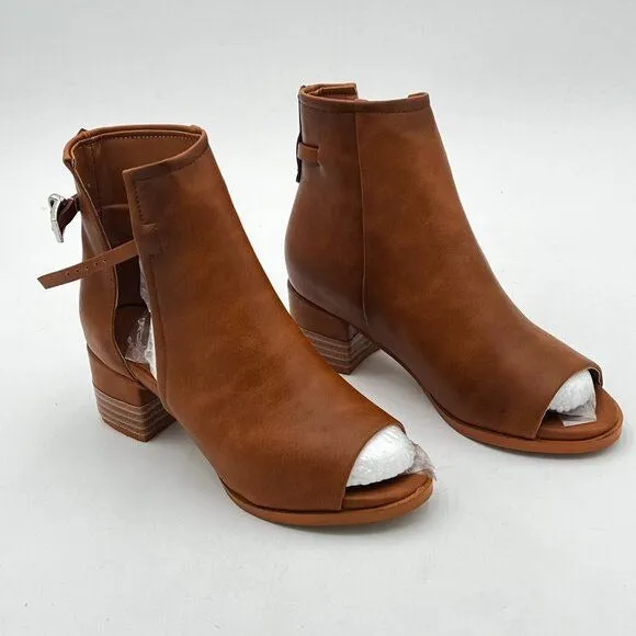 FSJ Brown Peep Open Toe Boot Cut Out Buckle Ankle Bootie Comfortable Shoes