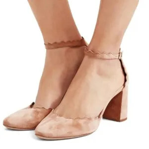 FSJ Nude Comfortable Ankle Strap Buckle Pumps Retro Classic Block Chunky Heels