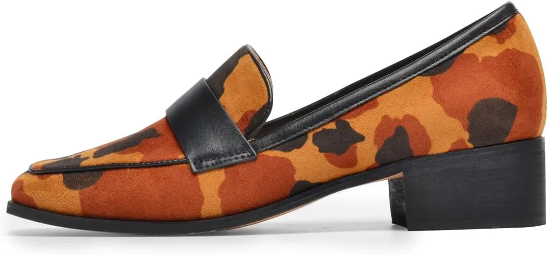 FSJ Women Classic Block Chunky Heel Loafers Suede Cow Pattern Casual Slip On Square Toe Fashion Comfort Pumps Shoes Size 4-15 US