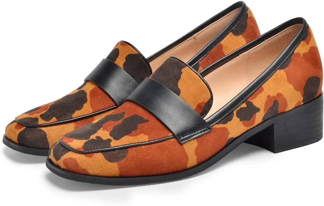 FSJ Women Classic Block Chunky Heel Loafers Suede Cow Pattern Casual Slip On Square Toe Fashion Comfort Pumps Shoes Size 4-15 US