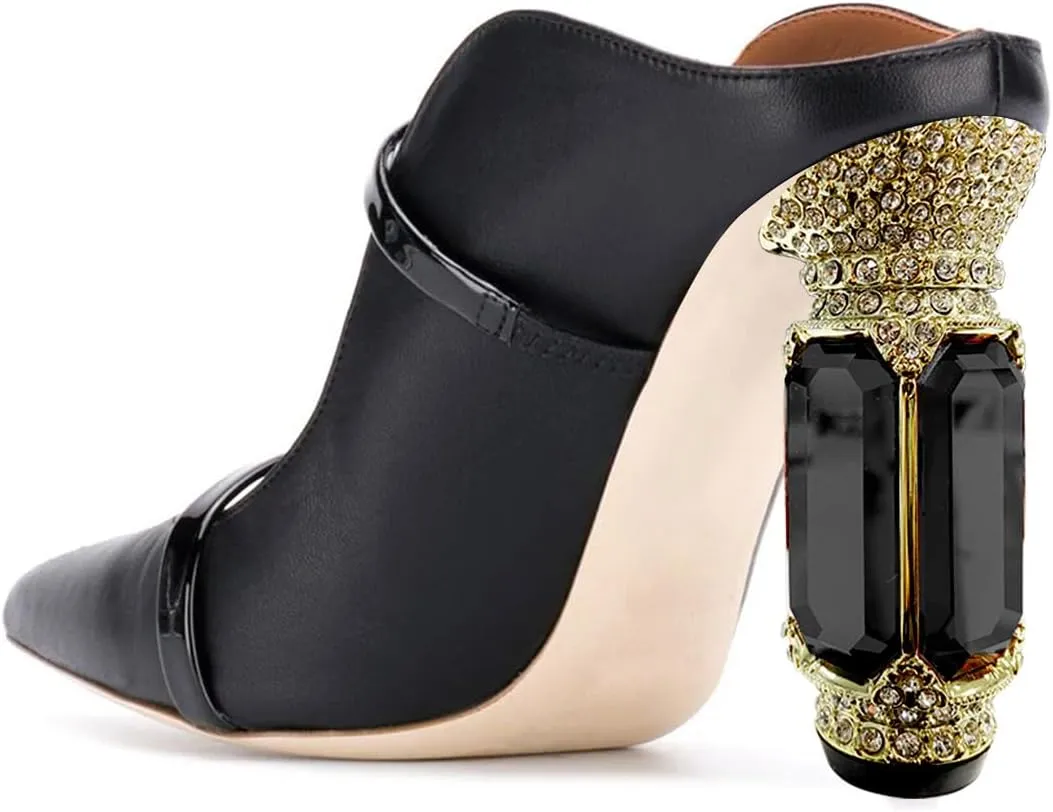 FSJ Women Pointed Toe Mules Chunky High Heels Sandals Pumps Slip On Two Strap Chic Crystal Block Heels Backless Casual Dressy Shoes Size 4-16 US