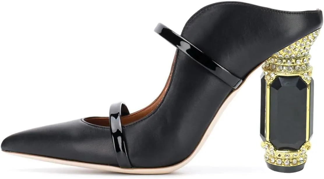 FSJ Women Pointed Toe Mules Chunky High Heels Sandals Pumps Slip On Two Strap Chic Crystal Block Heels Backless Casual Dressy Shoes Size 4-16 US