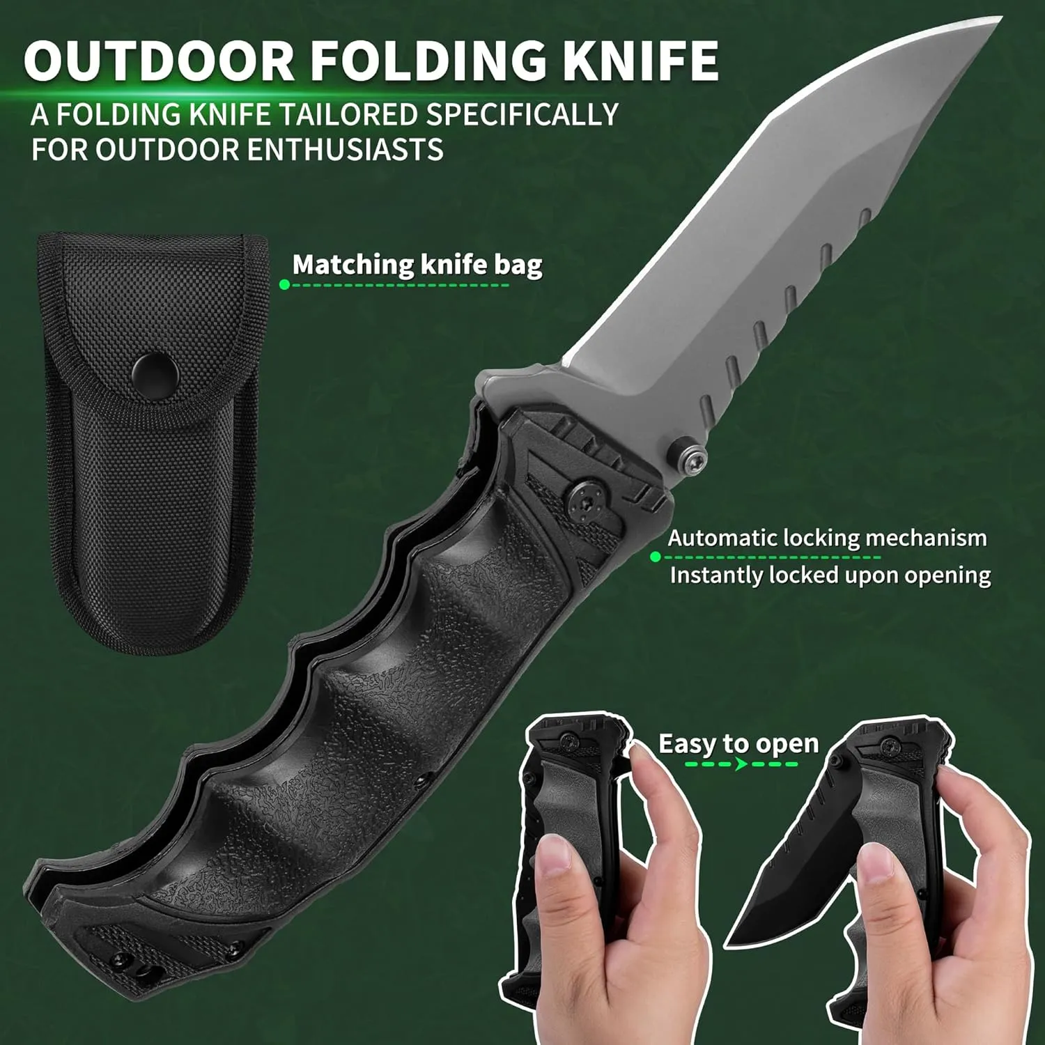 FULLHI Folding Pocket Knife, 3.6" 440C Steel Blade, PP TPR Handle EDC Knife with Pocket Clip Sharp Camping Survival Hiking Knives for Men, Women (Black)