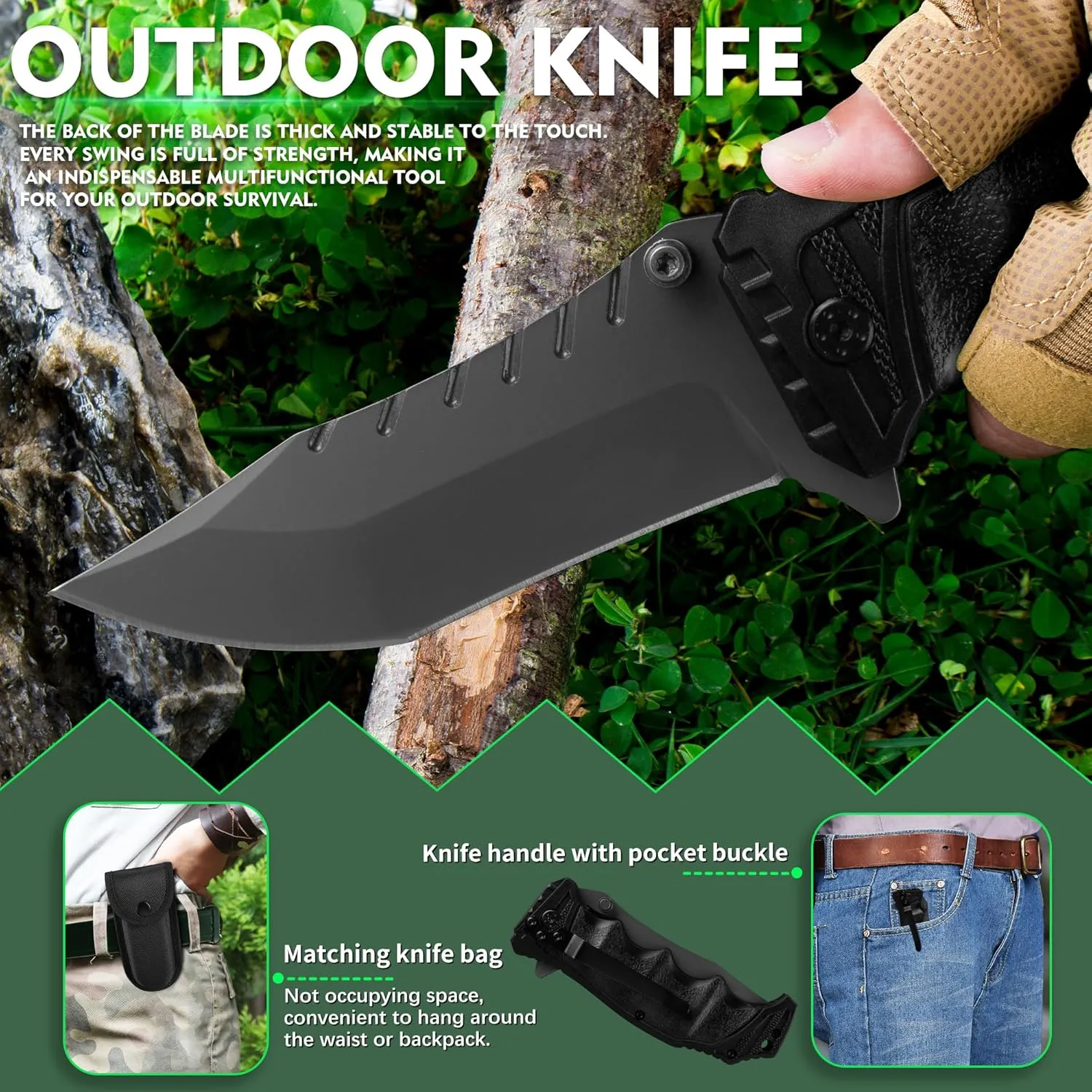 FULLHI Folding Pocket Knife, 3.6" 440C Steel Blade, PP TPR Handle EDC Knife with Pocket Clip Sharp Camping Survival Hiking Knives for Men, Women (Black)