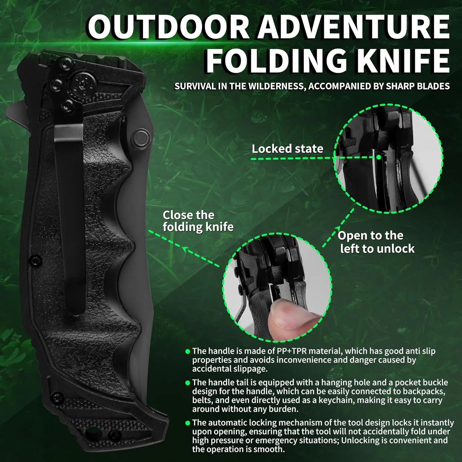FULLHI Folding Pocket Knife, 3.6" 440C Steel Blade, PP TPR Handle EDC Knife with Pocket Clip Sharp Camping Survival Hiking Knives for Men, Women (Black)