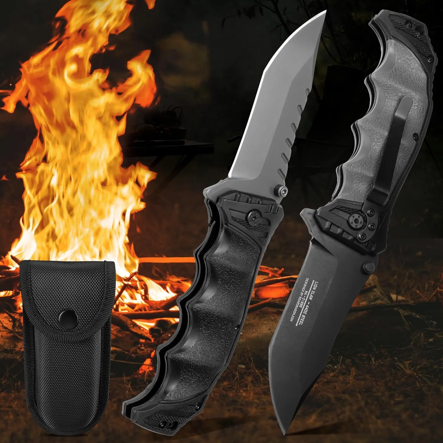FULLHI Folding Pocket Knife, 3.6" 440C Steel Blade, PP TPR Handle EDC Knife with Pocket Clip Sharp Camping Survival Hiking Knives for Men, Women (Black)