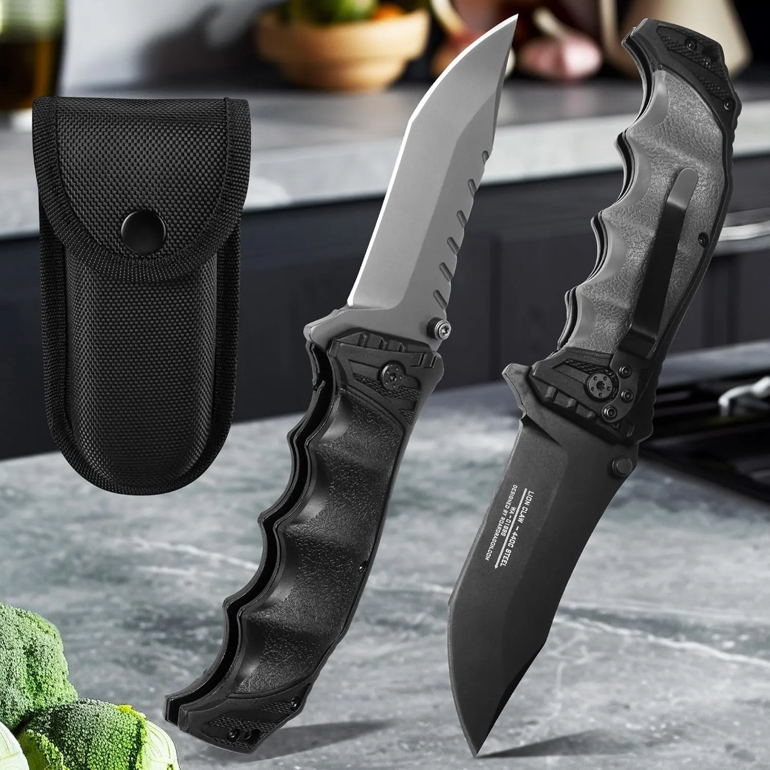 FULLHI Folding Pocket Knife, 3.6" 440C Steel Blade, PP TPR Handle EDC Knife with Pocket Clip Sharp Camping Survival Hiking Knives for Men, Women (Black)