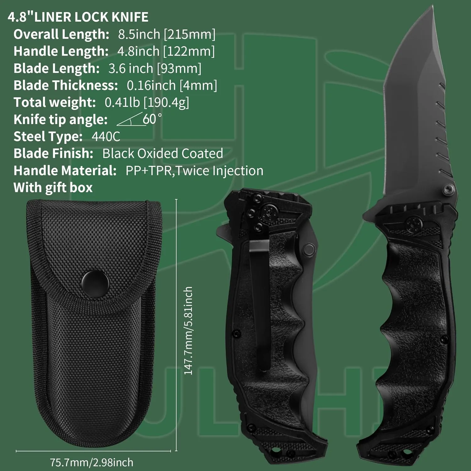 FULLHI Folding Pocket Knife, 3.6" 440C Steel Blade, PP TPR Handle EDC Knife with Pocket Clip Sharp Camping Survival Hiking Knives for Men, Women (Black)