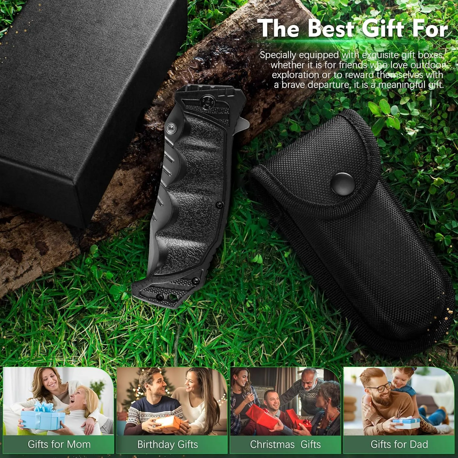 FULLHI Folding Pocket Knife, 3.6" 440C Steel Blade, PP TPR Handle EDC Knife with Pocket Clip Sharp Camping Survival Hiking Knives for Men, Women (Black)