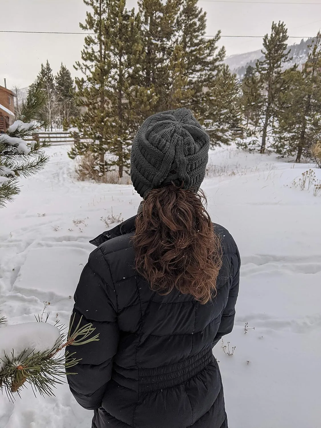 Funky Junque Beanie for Women Winter Hats Ponytail Hole Criss Cross Hat Messy Bun High Ponytail Knit Cap Runners Gifts