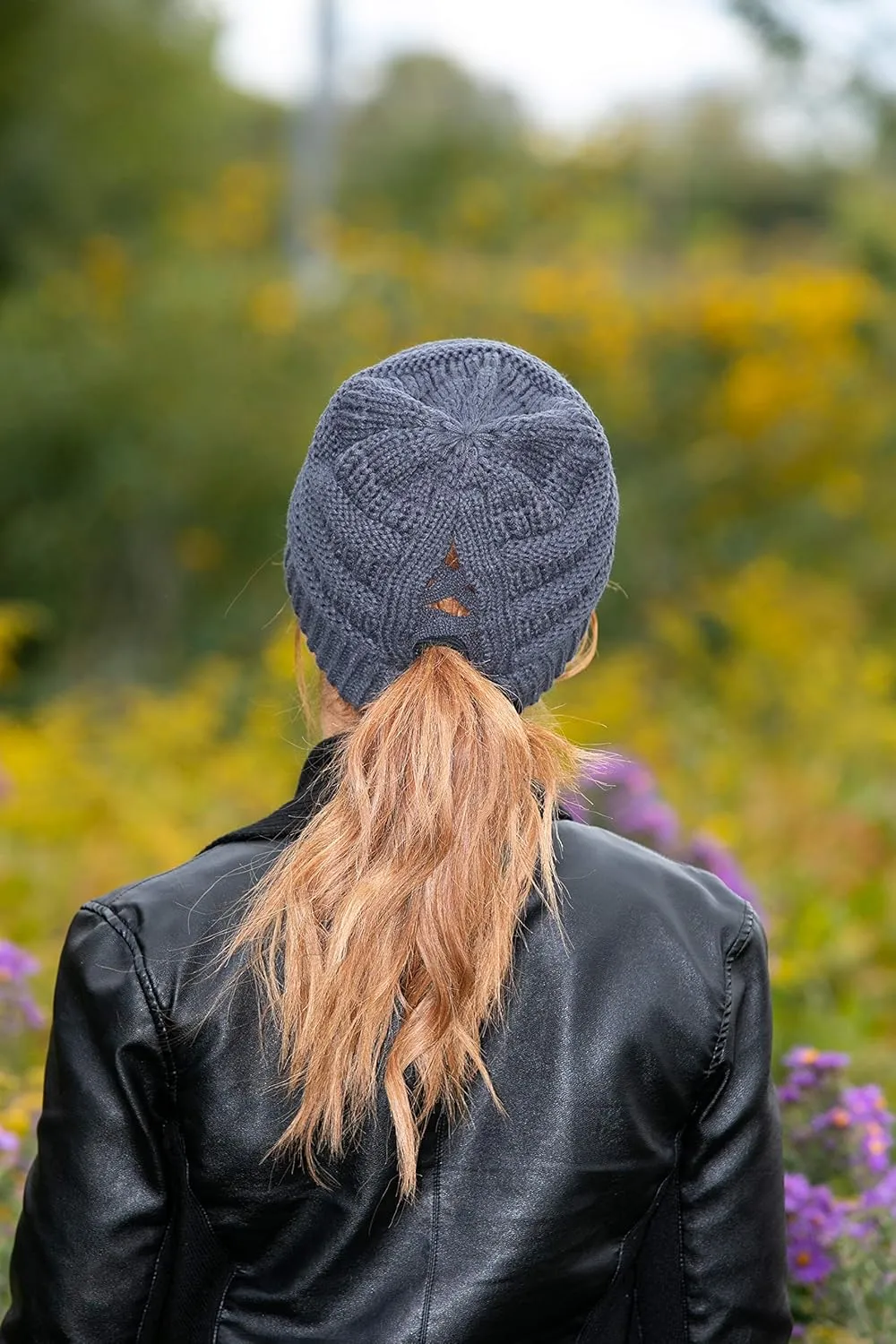 Funky Junque Beanie for Women Winter Hats Ponytail Hole Criss Cross Hat Messy Bun High Ponytail Knit Cap Runners Gifts