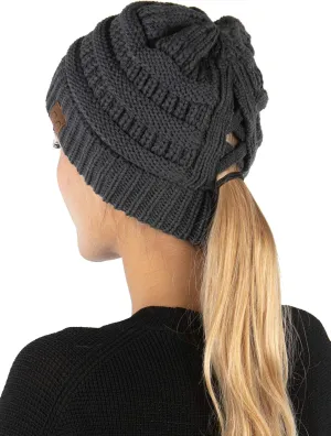 Funky Junque Beanie for Women Winter Hats Ponytail Hole Criss Cross Hat Messy Bun High Ponytail Knit Cap Runners Gifts
