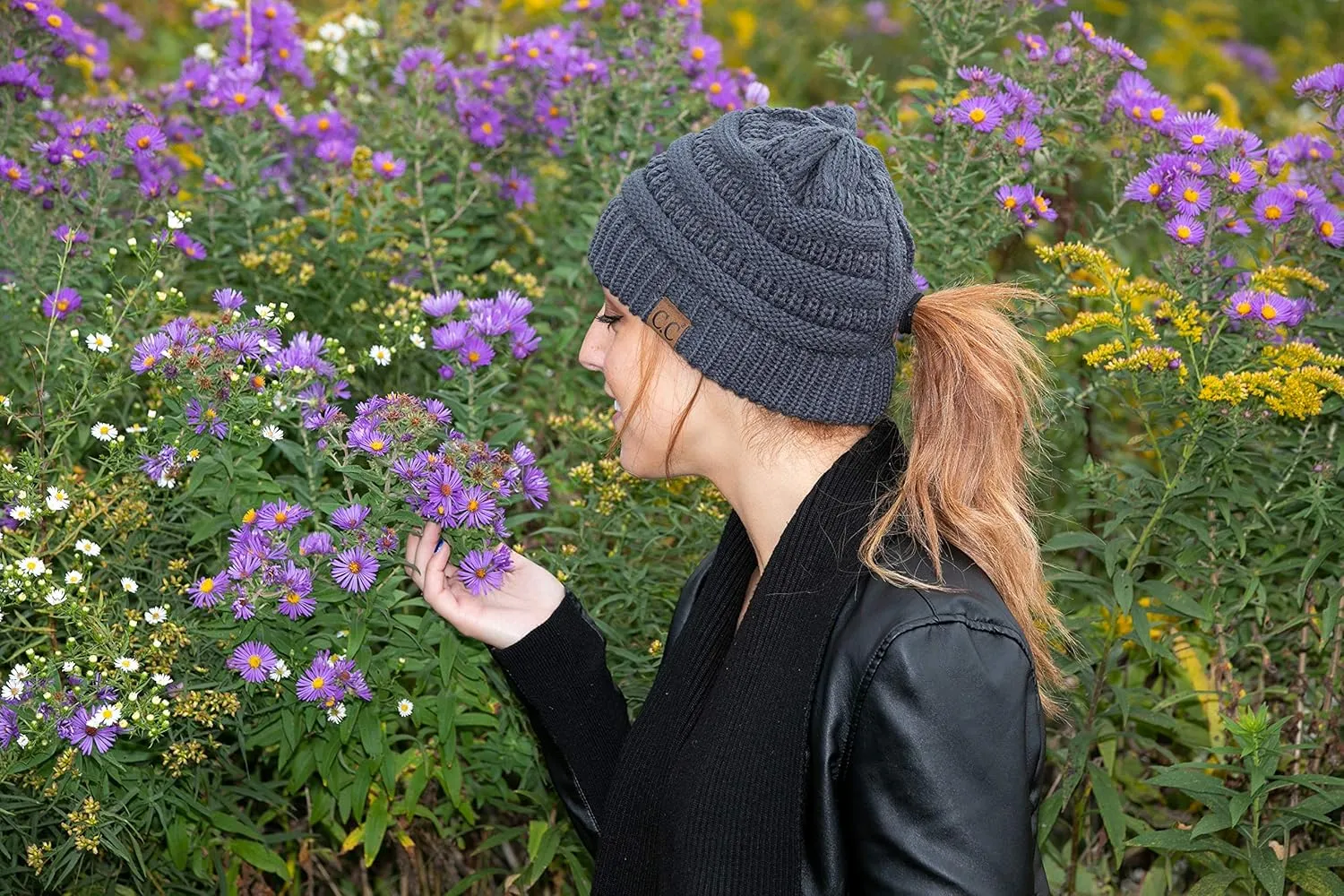 Funky Junque Beanie for Women Winter Hats Ponytail Hole Criss Cross Hat Messy Bun High Ponytail Knit Cap Runners Gifts