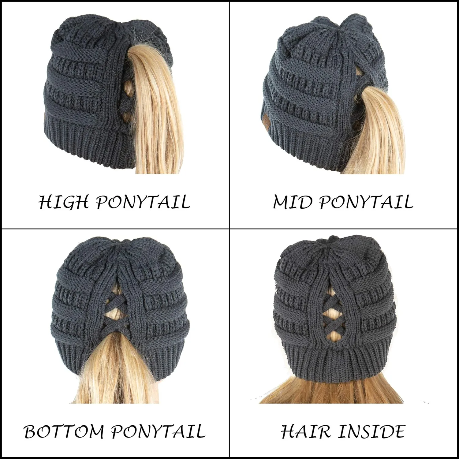 Funky Junque Beanie for Women Winter Hats Ponytail Hole Criss Cross Hat Messy Bun High Ponytail Knit Cap Runners Gifts