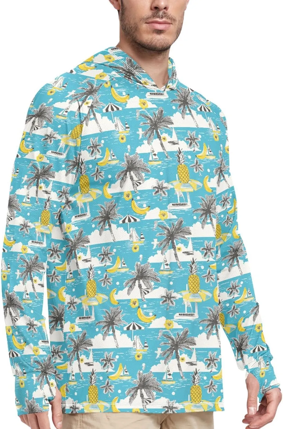 Funny Hawaii Sailboats Men's Sun Protection Hoodie Long Sleeve Sun Shirt with Hood UPF 50  Sun Proof Shirts Rashguard for Men