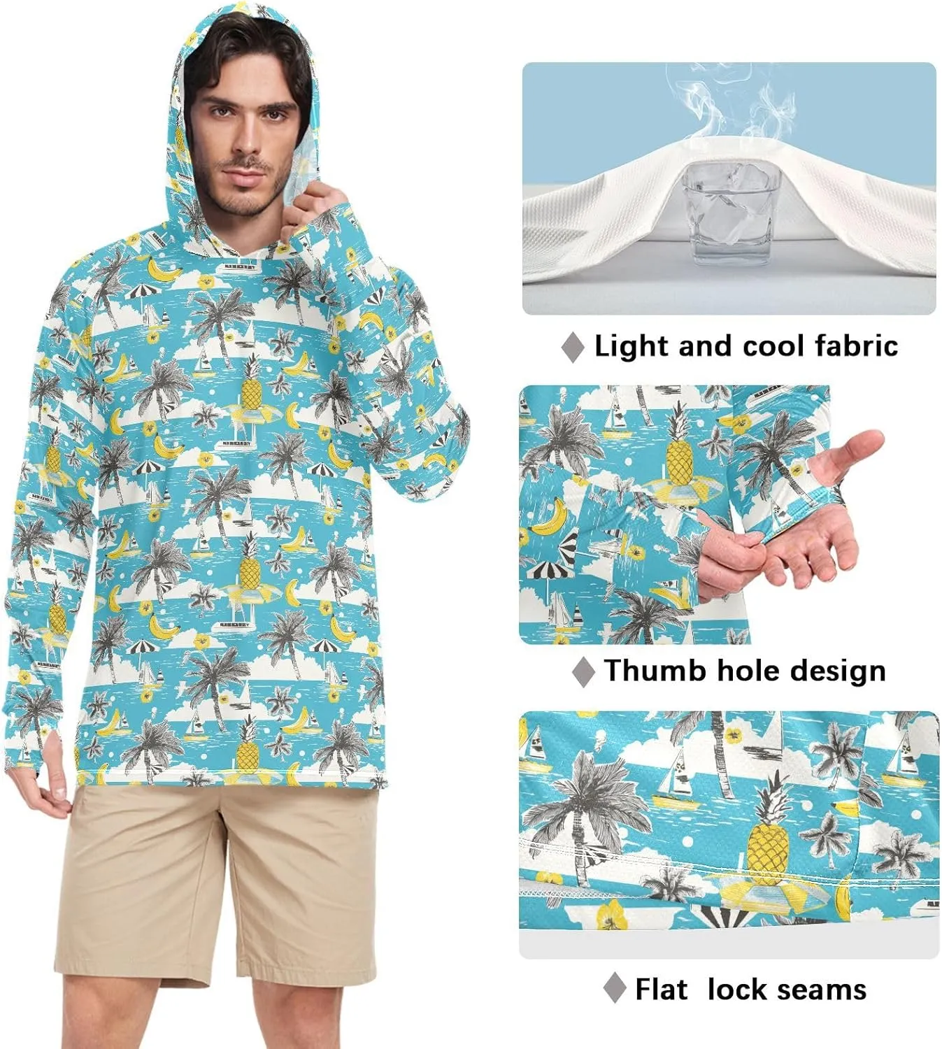 Funny Hawaii Sailboats Men's Sun Protection Hoodie Long Sleeve Sun Shirt with Hood UPF 50  Sun Proof Shirts Rashguard for Men