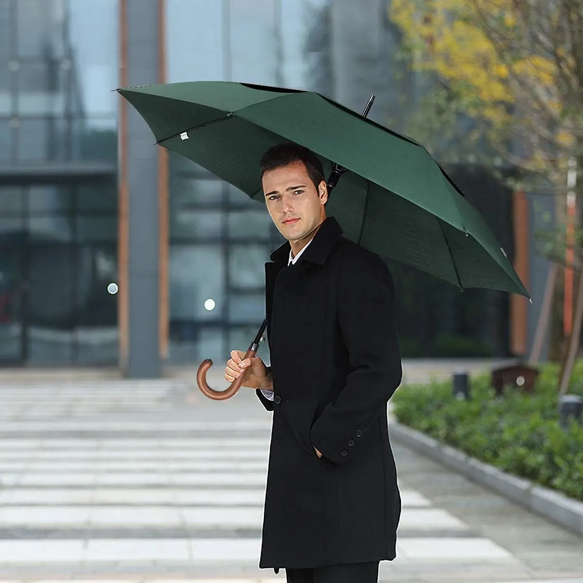 G4Free 52/62inch Wooden J Handle Golf Umbrella Windproof UV Protection Classic Stick Wedding Cane Umbrellas, Auto Open Cane Hook Handle