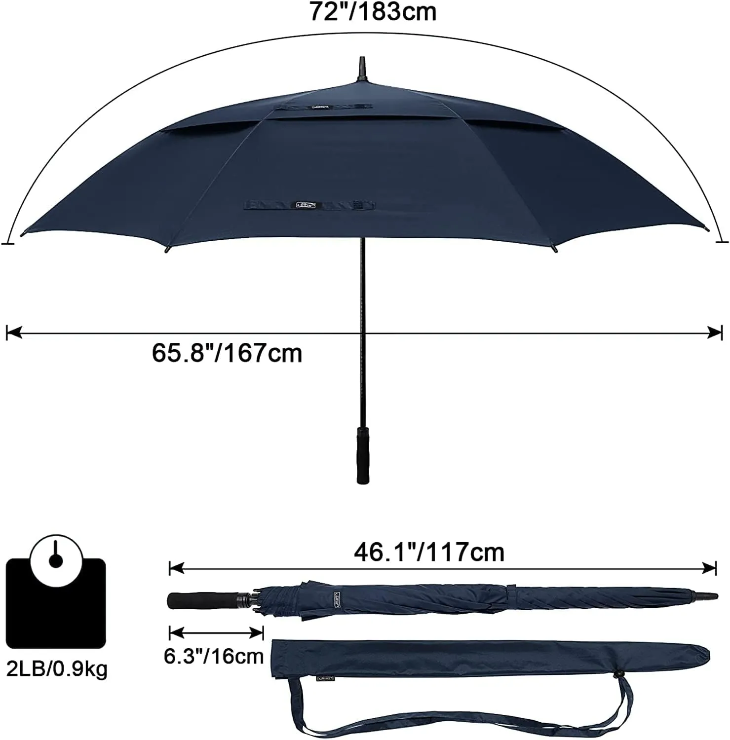 G4Free 72 Inch Huge Large Oversize Golf Umbrella Automatic Open Double Canopy Vented Windproof Stick Umbrella, 6 Ft Heavy Duty For Outdoor Doorman Family(Navy Blue)