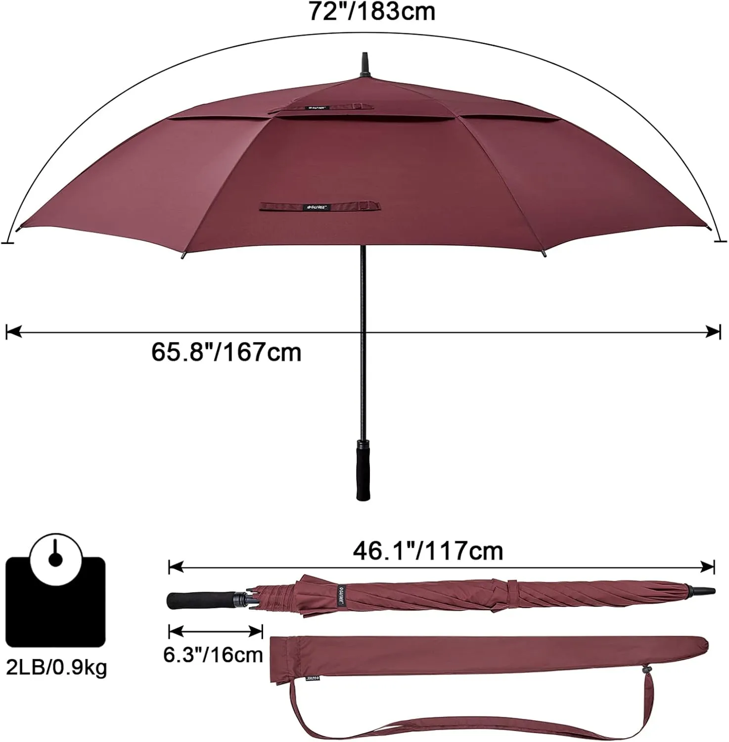 G4Free 72 Inch Huge Large Oversize Golf Umbrella Automatic Open Double Canopy Vented Windproof Stick Umbrella, 6 Ft Heavy Duty For Outdoor Doorman Family(Wine Red)