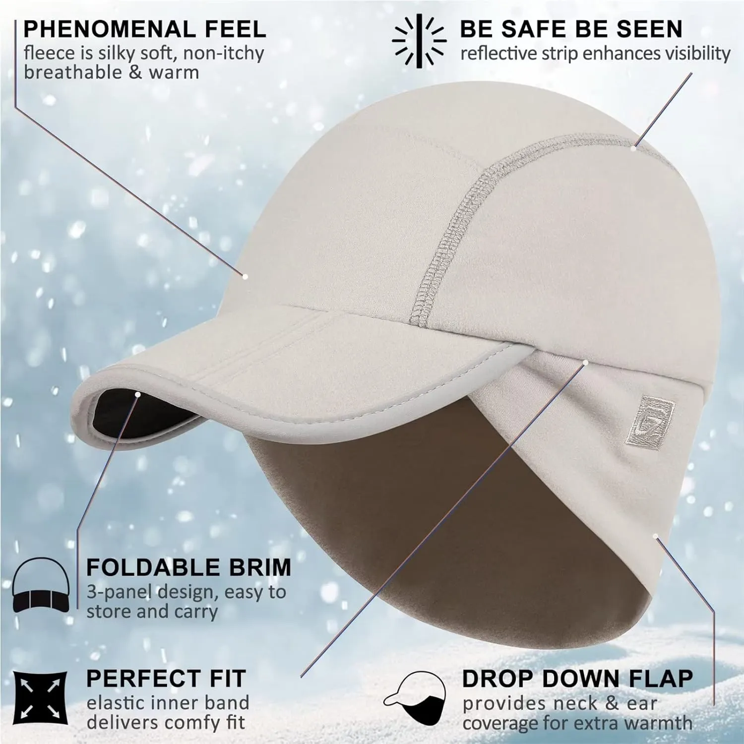 GADIEMKENSD Fleece Ball Cap with Drop Down Ear Warmer, Foldable Brim, Reflective Winter Run Hat Unisex