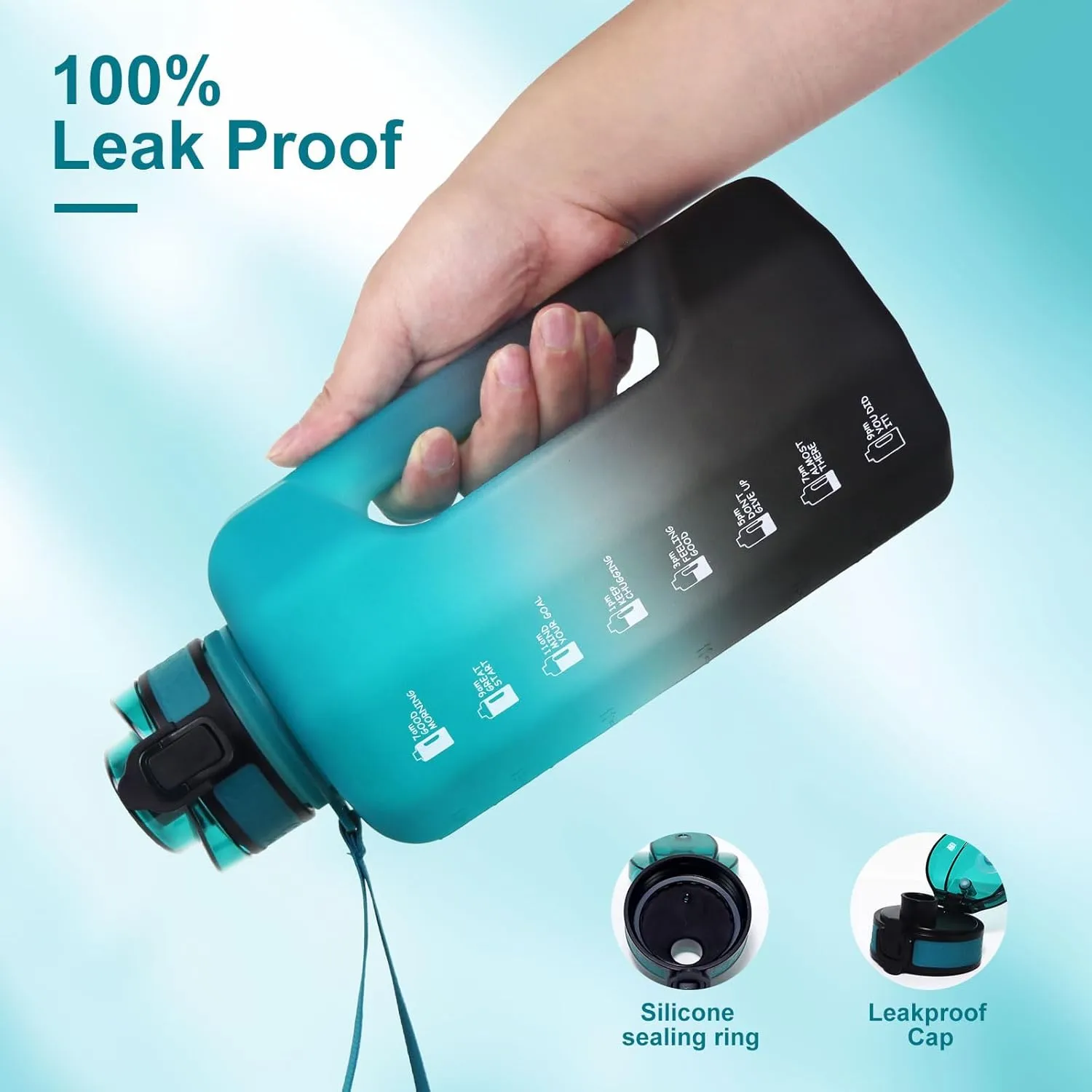 GEMFUL Half Gallon Water Bottle with Time Marker Handle 74oz BPA-Free Leakproof Jug for Gym Hiking Camping 2.2L Motivational Sports Bottle Men Women (Green Black no Straw)