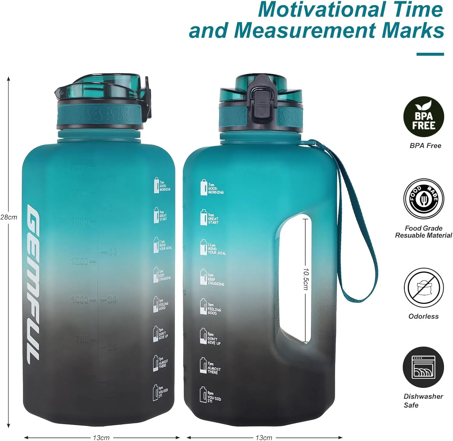 GEMFUL Half Gallon Water Bottle with Time Marker Handle 74oz BPA-Free Leakproof Jug for Gym Hiking Camping 2.2L Motivational Sports Bottle Men Women (Green Black no Straw)