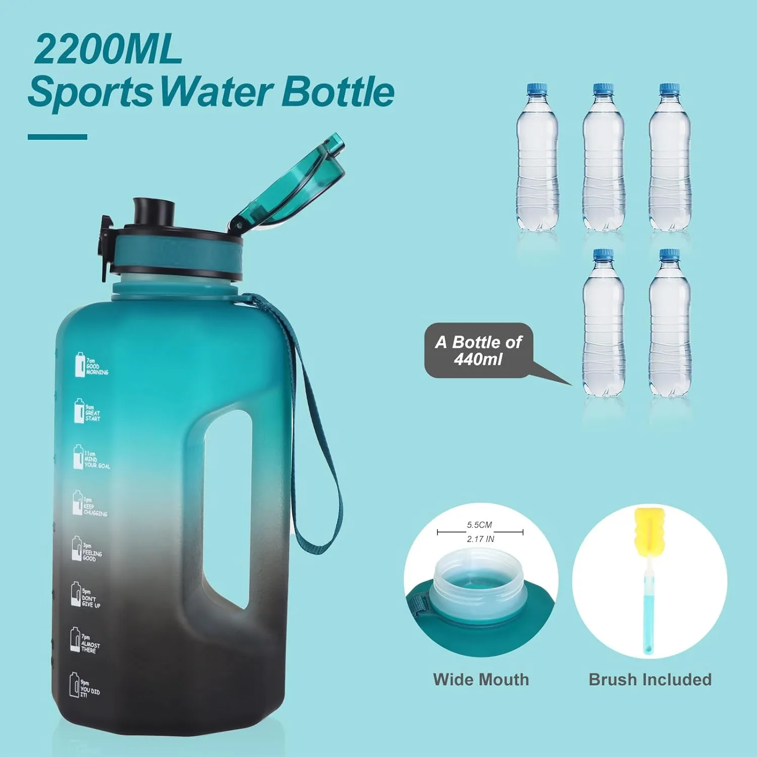 GEMFUL Half Gallon Water Bottle with Time Marker Handle 74oz BPA-Free Leakproof Jug for Gym Hiking Camping 2.2L Motivational Sports Bottle Men Women (Green Black no Straw)