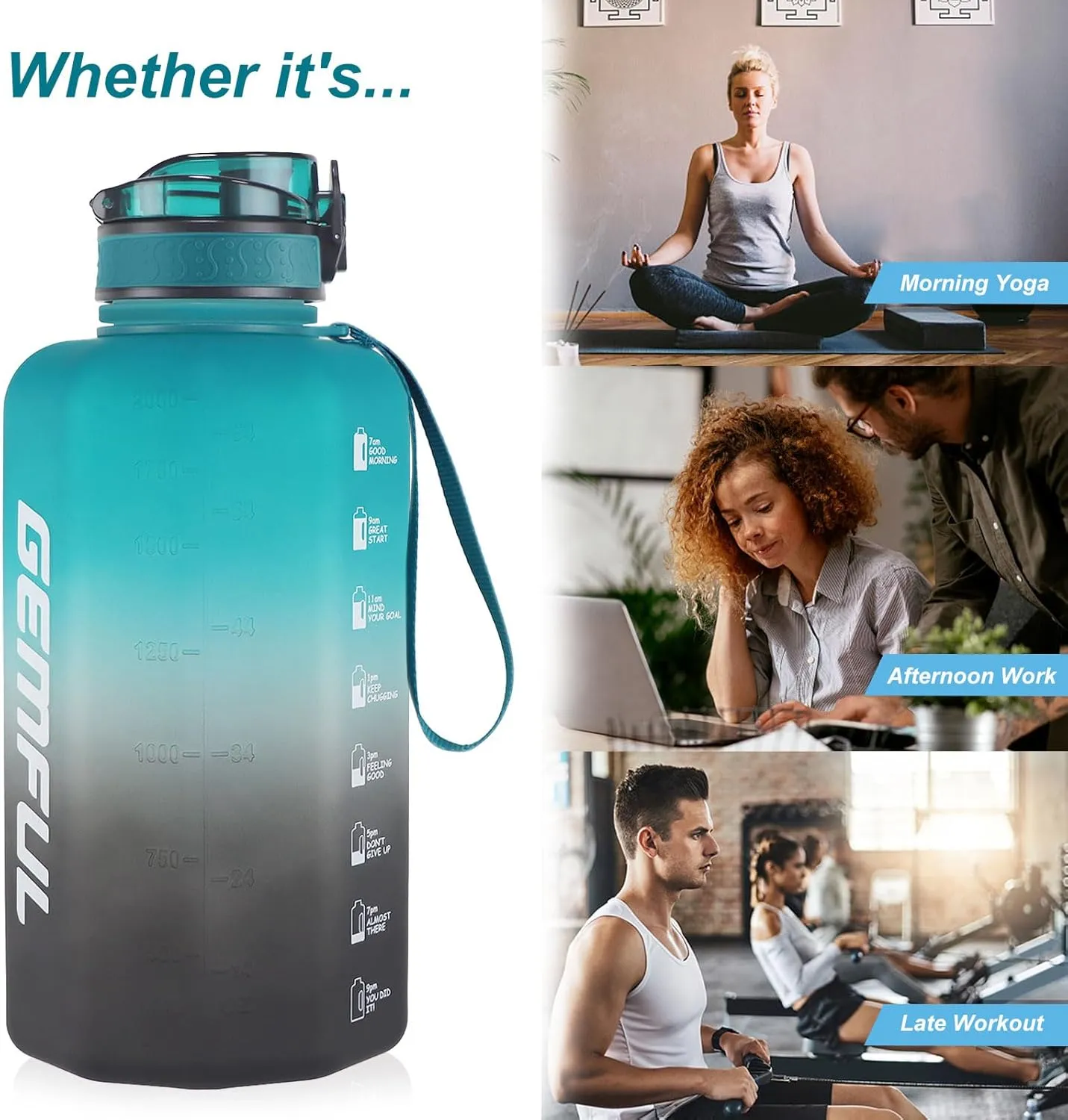 GEMFUL Half Gallon Water Bottle with Time Marker Handle 74oz BPA-Free Leakproof Jug for Gym Hiking Camping 2.2L Motivational Sports Bottle Men Women (Green Black no Straw)