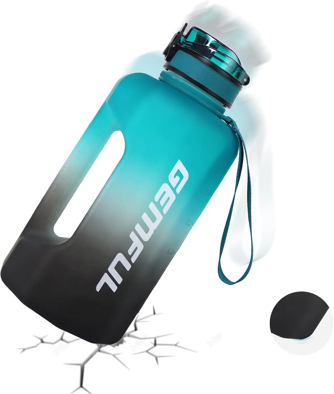 GEMFUL Half Gallon Water Bottle with Time Marker Handle 74oz BPA-Free Leakproof Jug for Gym Hiking Camping 2.2L Motivational Sports Bottle Men Women (Green Black no Straw)