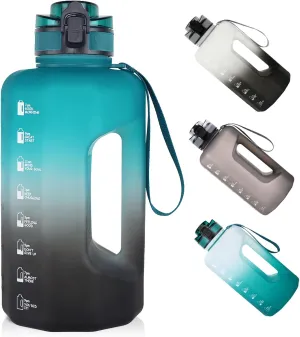 GEMFUL Half Gallon Water Bottle with Time Marker Handle 74oz BPA-Free Leakproof Jug for Gym Hiking Camping 2.2L Motivational Sports Bottle Men Women (Green Black no Straw)