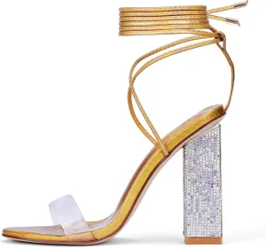 GENSHUO Sexy Strappy Rhinestone Chunky Sandals for Women Lace-up High Heels Transparent Open Toe Party Wedding Homecoming Shoes