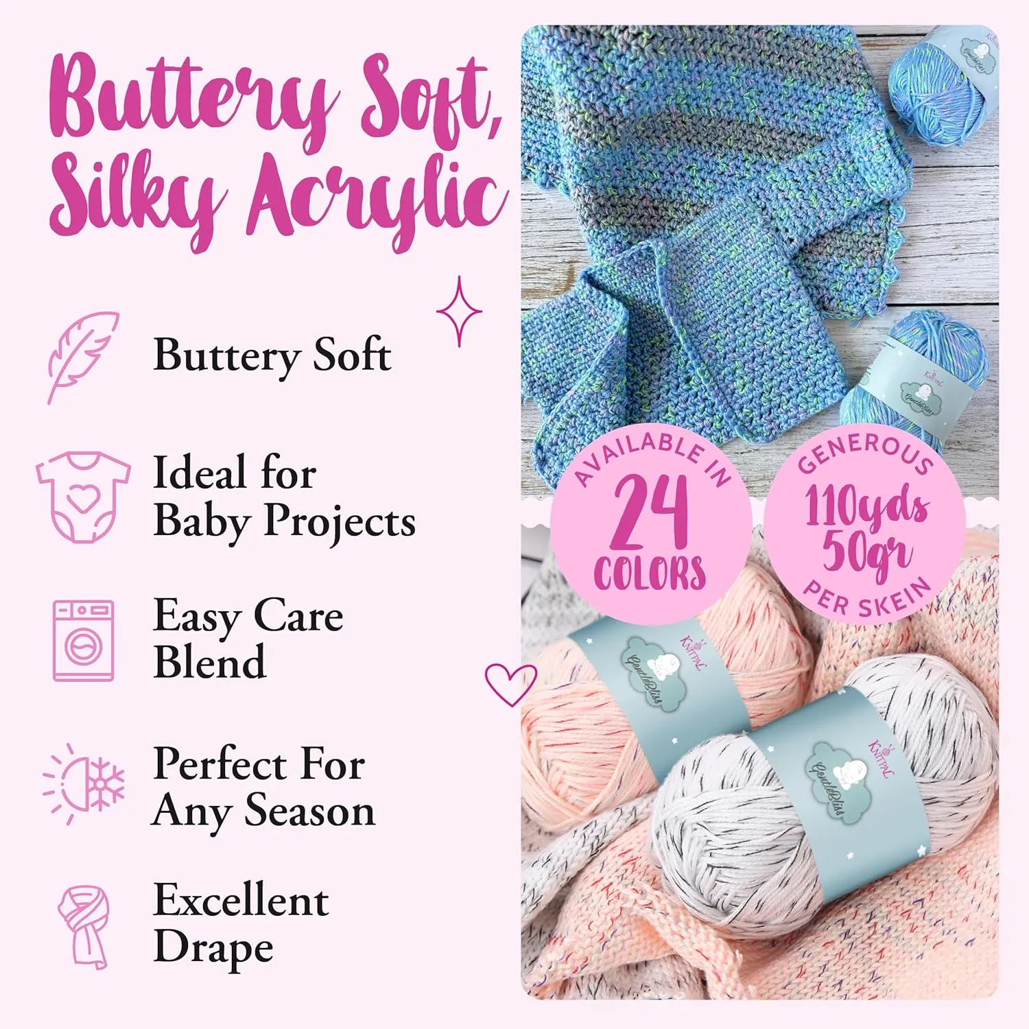 GentleBliss Soft Baby Yarn for Crocheting, 8 Skeins, 880Yds/400G, Free Patterns - Acrylic Baby Blanket Yarn for Knitting - Light Worsted 3 DK Weight - Blue Forest