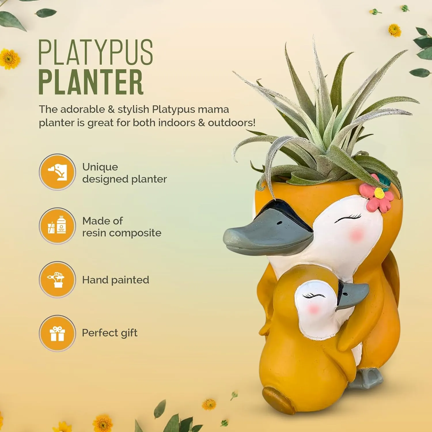 GFF Grass Flip Flops Animals Planters Platypus Mama 5 Inch Plant Pots for Succulents Flowers Herbs Houseplants - Indoor Outdoor Live Plants Stand Garden Home Office Kitchen Decorb