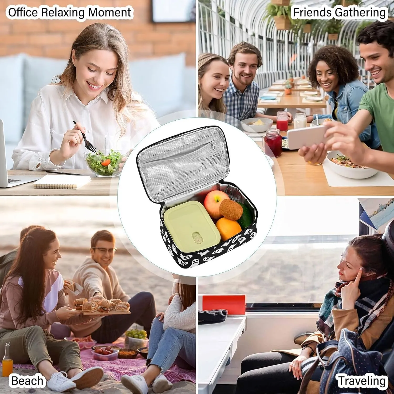 Ghost Black White Tote Lunch Bag Insulated Lunch Box for Women Men, Small Lunch Bag Kids Mini Lunch Box for Backpack Small Compact Portable Lunch Bag for School Travel Work