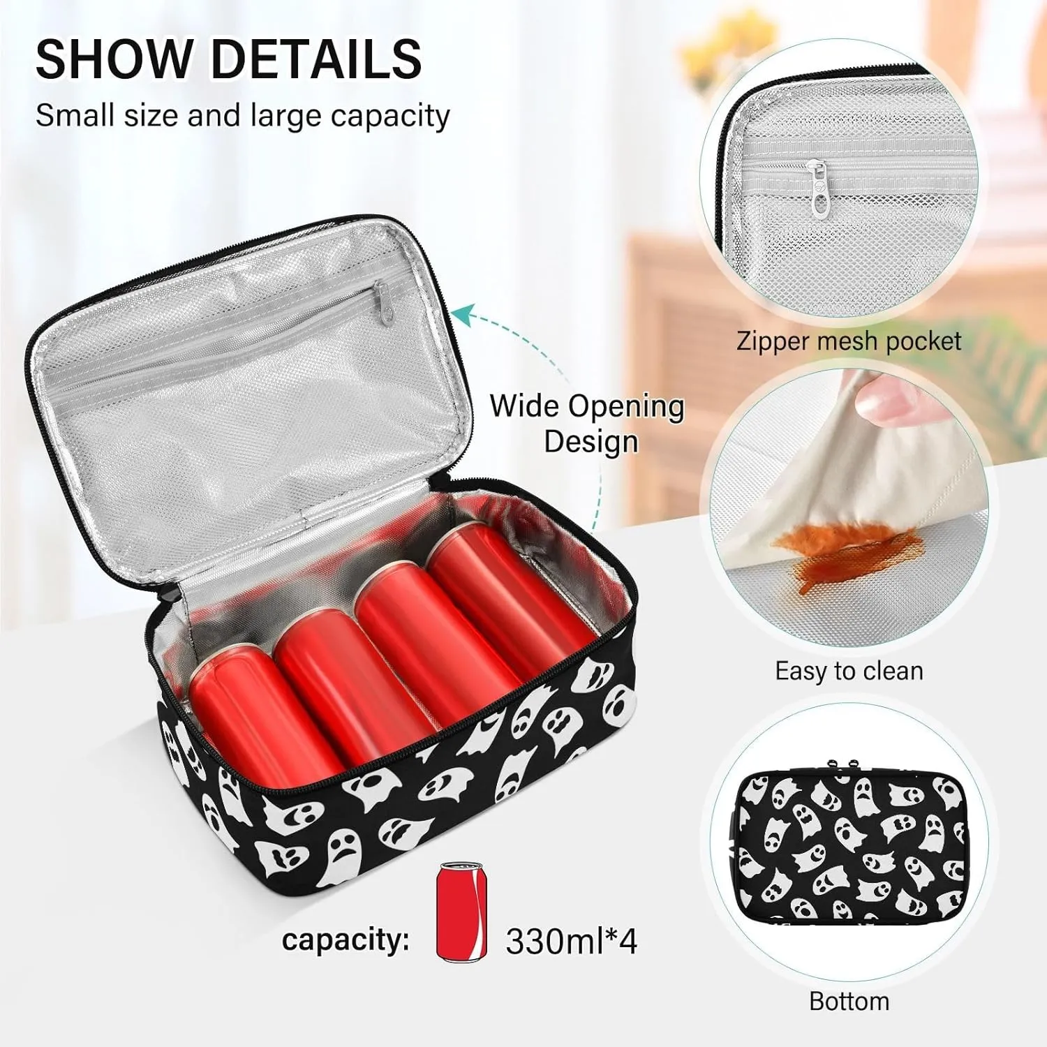 Ghost Black White Tote Lunch Bag Insulated Lunch Box for Women Men, Small Lunch Bag Kids Mini Lunch Box for Backpack Small Compact Portable Lunch Bag for School Travel Work
