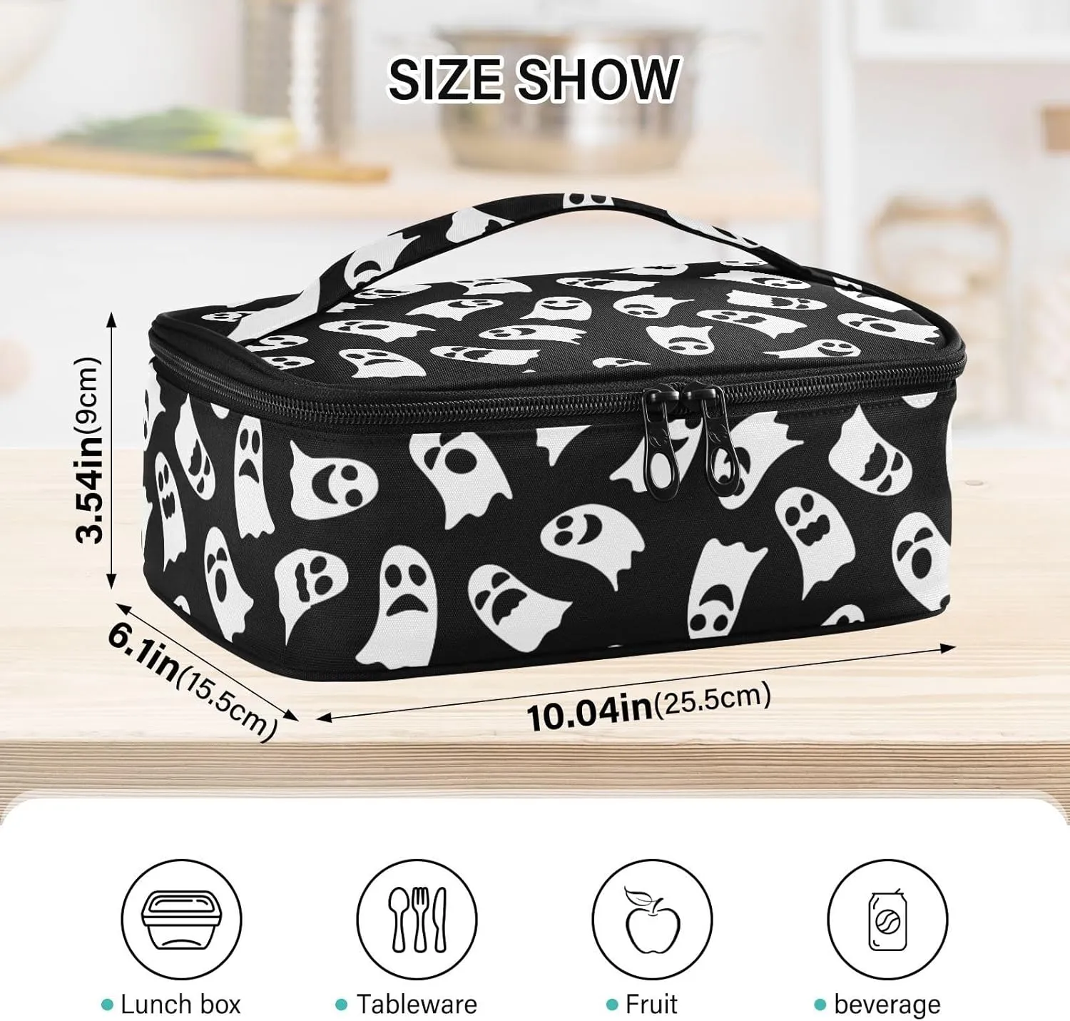 Ghost Black White Tote Lunch Bag Insulated Lunch Box for Women Men, Small Lunch Bag Kids Mini Lunch Box for Backpack Small Compact Portable Lunch Bag for School Travel Work