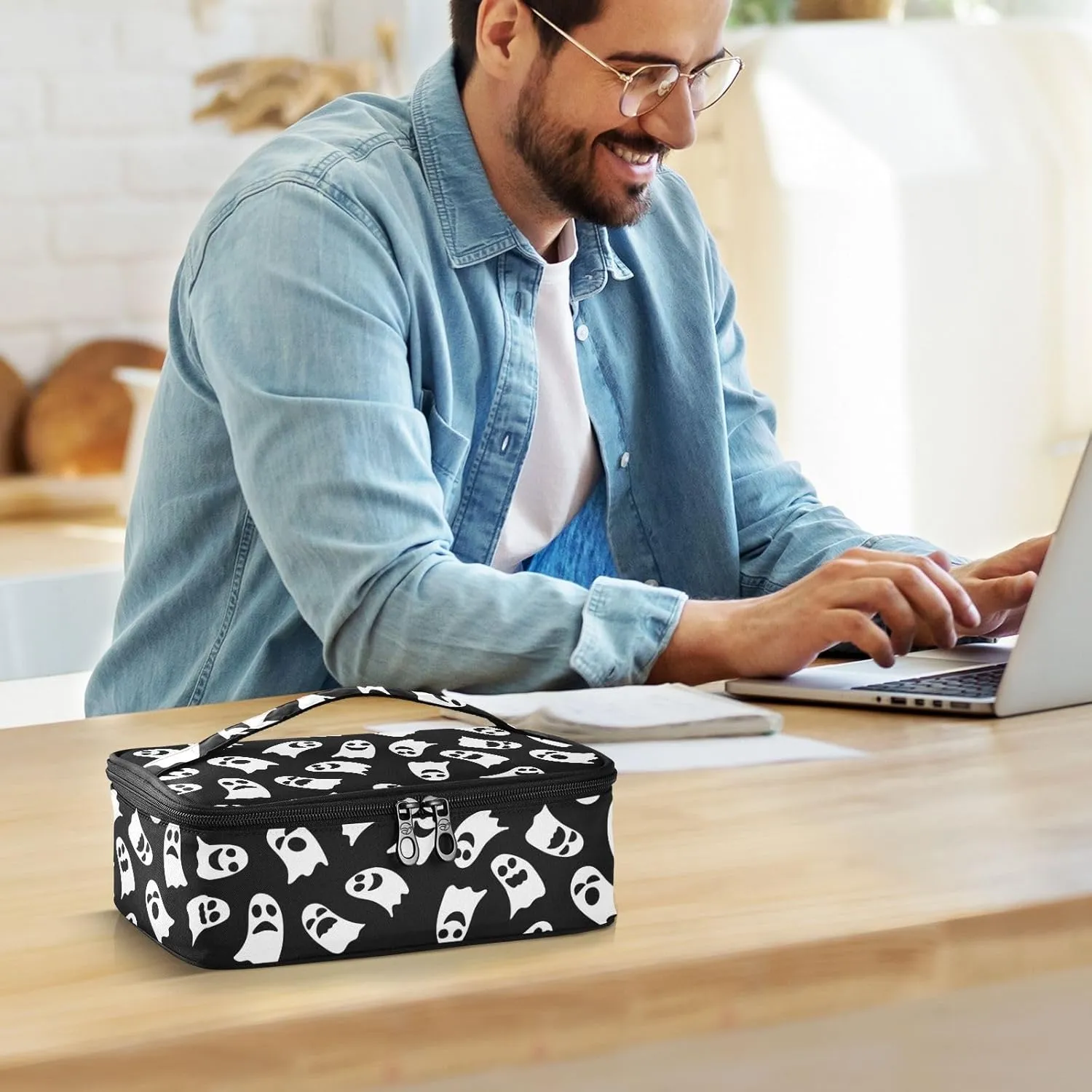 Ghost Black White Tote Lunch Bag Insulated Lunch Box for Women Men, Small Lunch Bag Kids Mini Lunch Box for Backpack Small Compact Portable Lunch Bag for School Travel Work