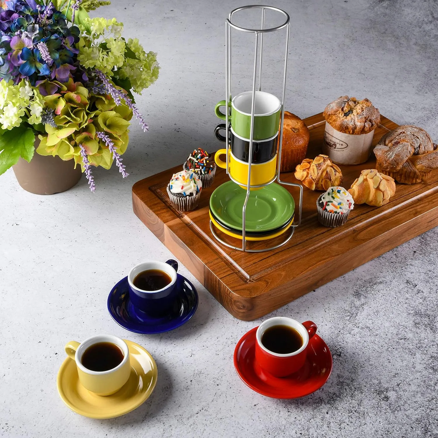 Gibson Home Porcelain Sensations Stackable Espresso Saucer Set, 13PC Cups Stand, Assorted