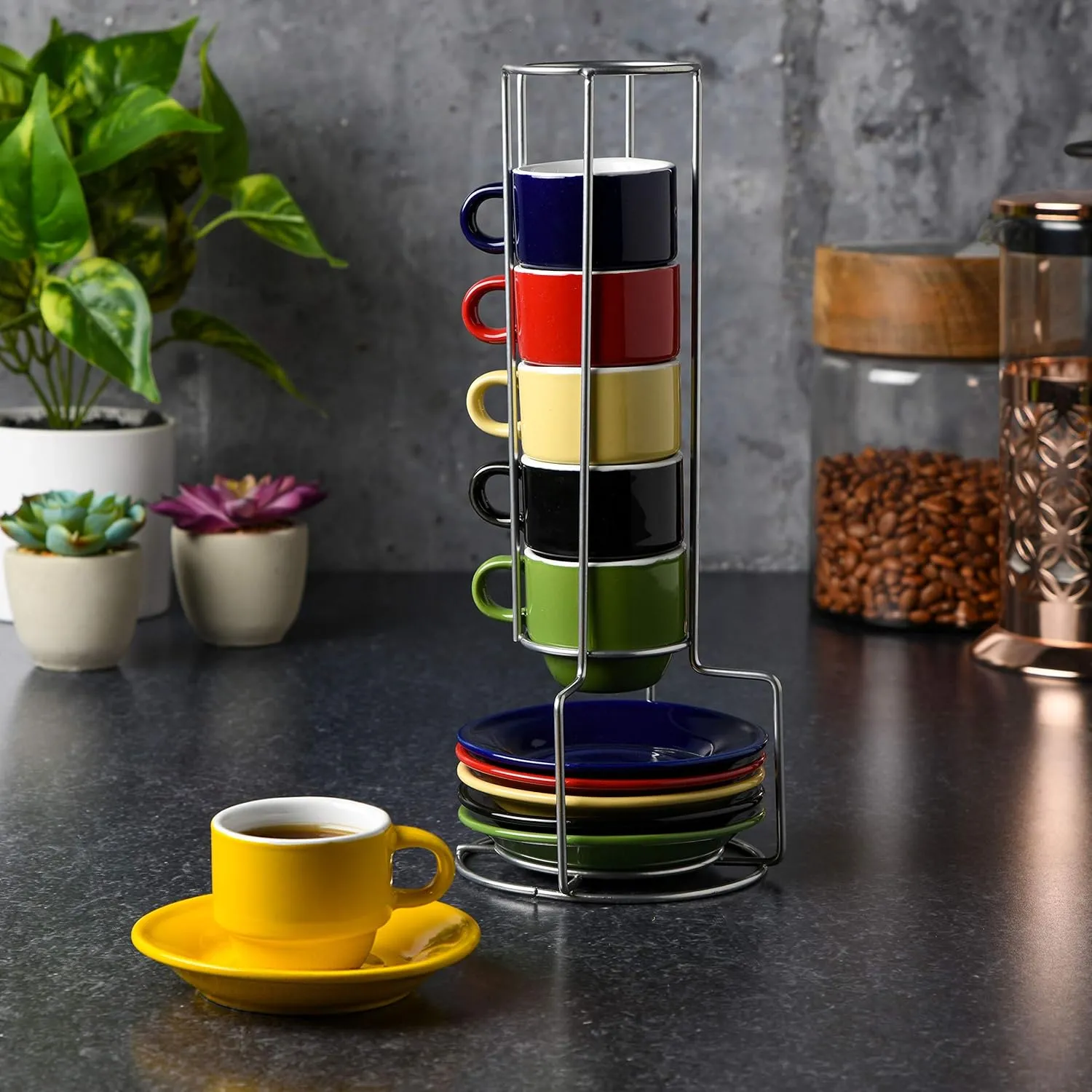 Gibson Home Porcelain Sensations Stackable Espresso Saucer Set, 13PC Cups Stand, Assorted
