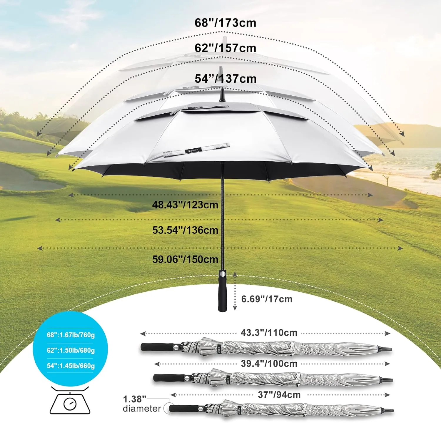 Gonex 54/62/68/72/80 Inch Extra Large Golf Umbrella, Automatic Open Travel Rain Umbrella with Windproof Water Resistant Double Canopy, Oversize Vented Umbrellas for 2-3 Men and UV Protection, Multiple Colors