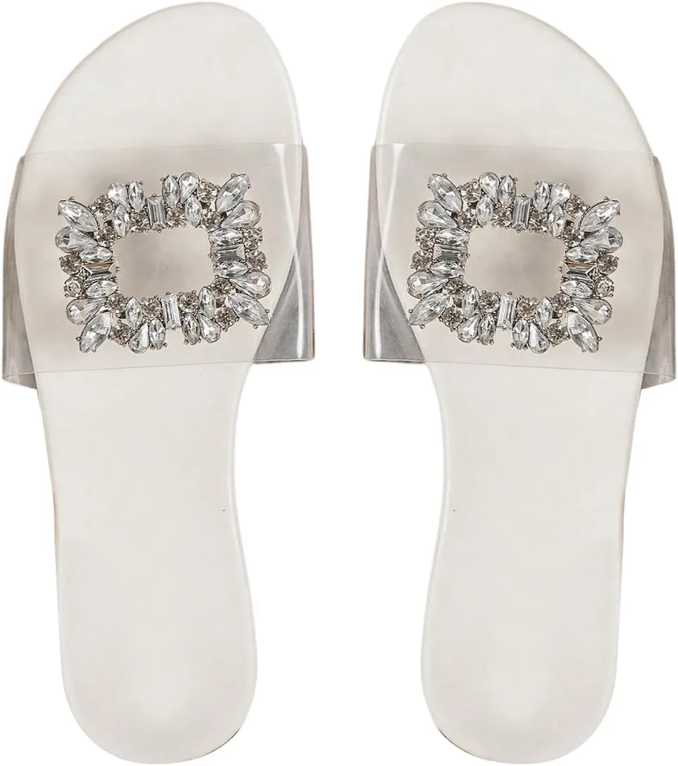 GORGLITTER Women's Rhinestone Clear Flat Sandals Dressy Cute Sparkly Summer Vacation Slide Shoes