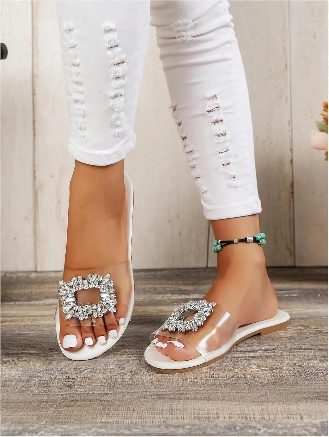 GORGLITTER Women's Rhinestone Clear Flat Sandals Dressy Cute Sparkly Summer Vacation Slide Shoes