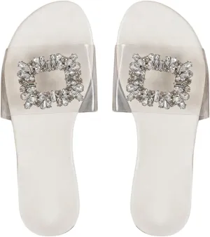 GORGLITTER Women's Rhinestone Clear Flat Sandals Dressy Cute Sparkly Summer Vacation Slide Shoes