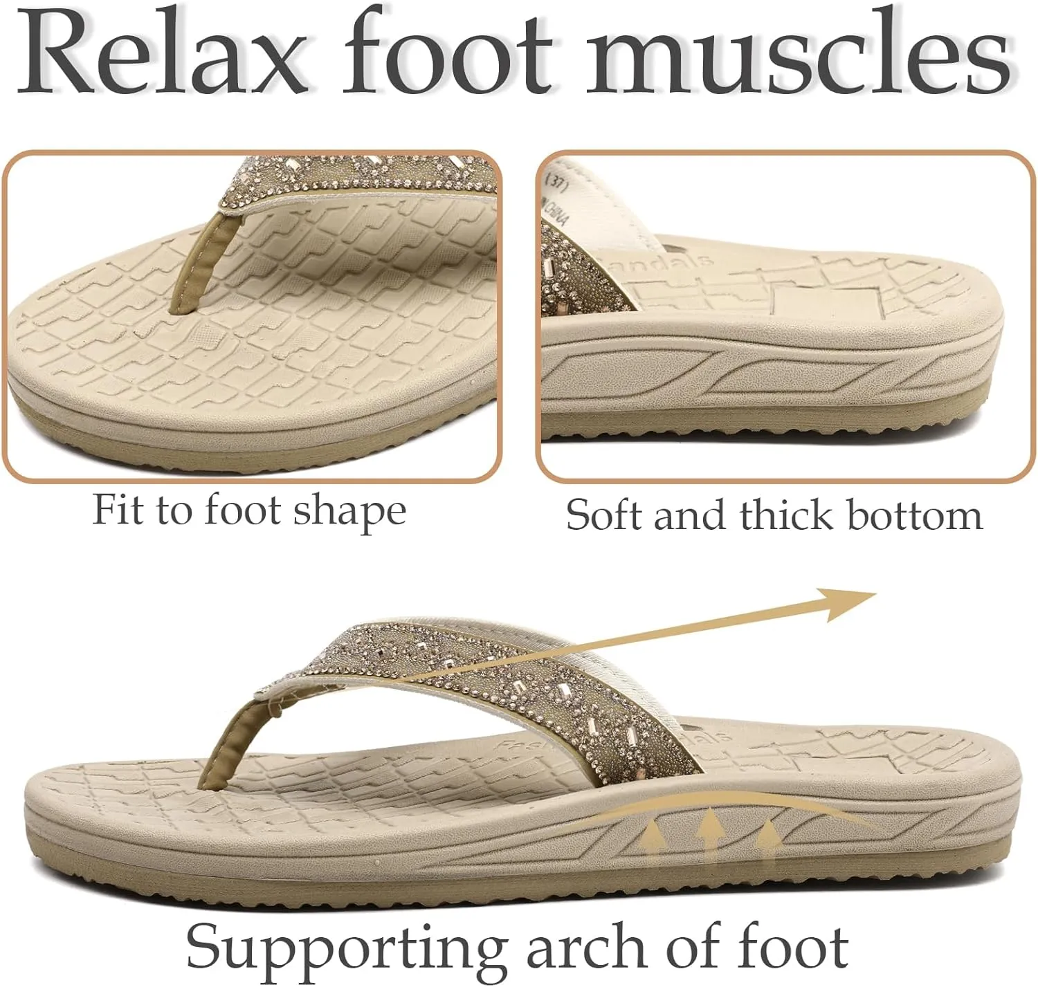 Guyarns Flip Flops Arch Support for Women,Womens Flip Flops with Rhinestone Summer Beach Comfy Thick Slides Sandals