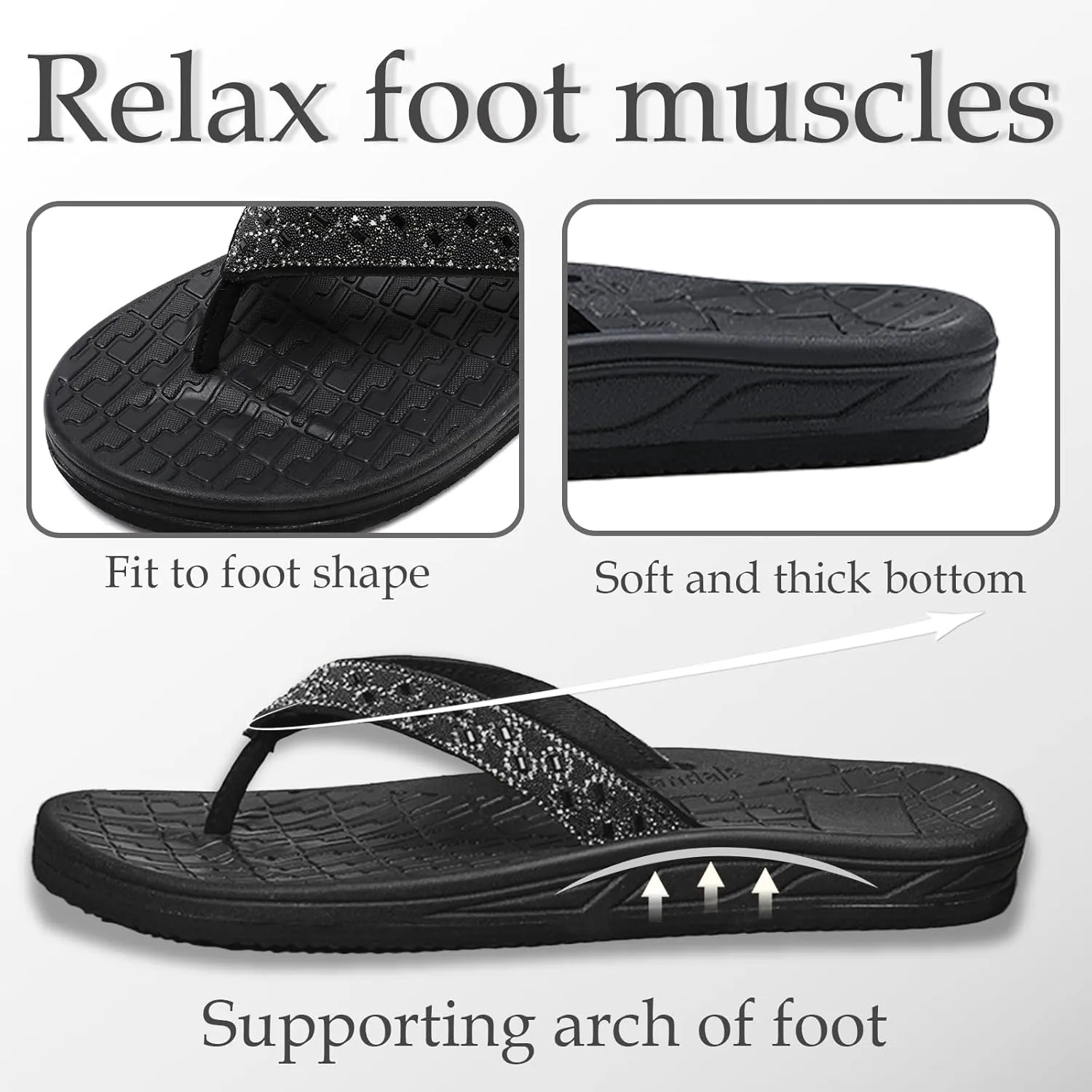 Guyarns Flip Flops Arch Support for Women,Womens Flip Flops with Rhinestone Summer Beach Comfy Thick Slides Sandals