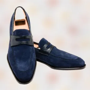 Handmade Blue Suede Classic Moccasin Loafers for Men
