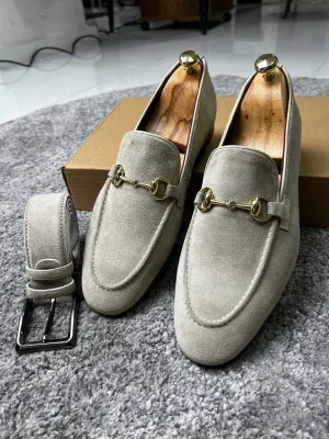 Handmade Men Light Gray Suede Leather Moccasin Shoes, Bit Loafers, Slip ons