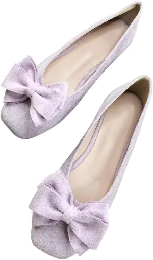 Hee grand Bow-Knot Ballet Flats Womens Square Toe Flat Shoes Suede Dress Shoes Casual Light Weight Slip-On Loafers