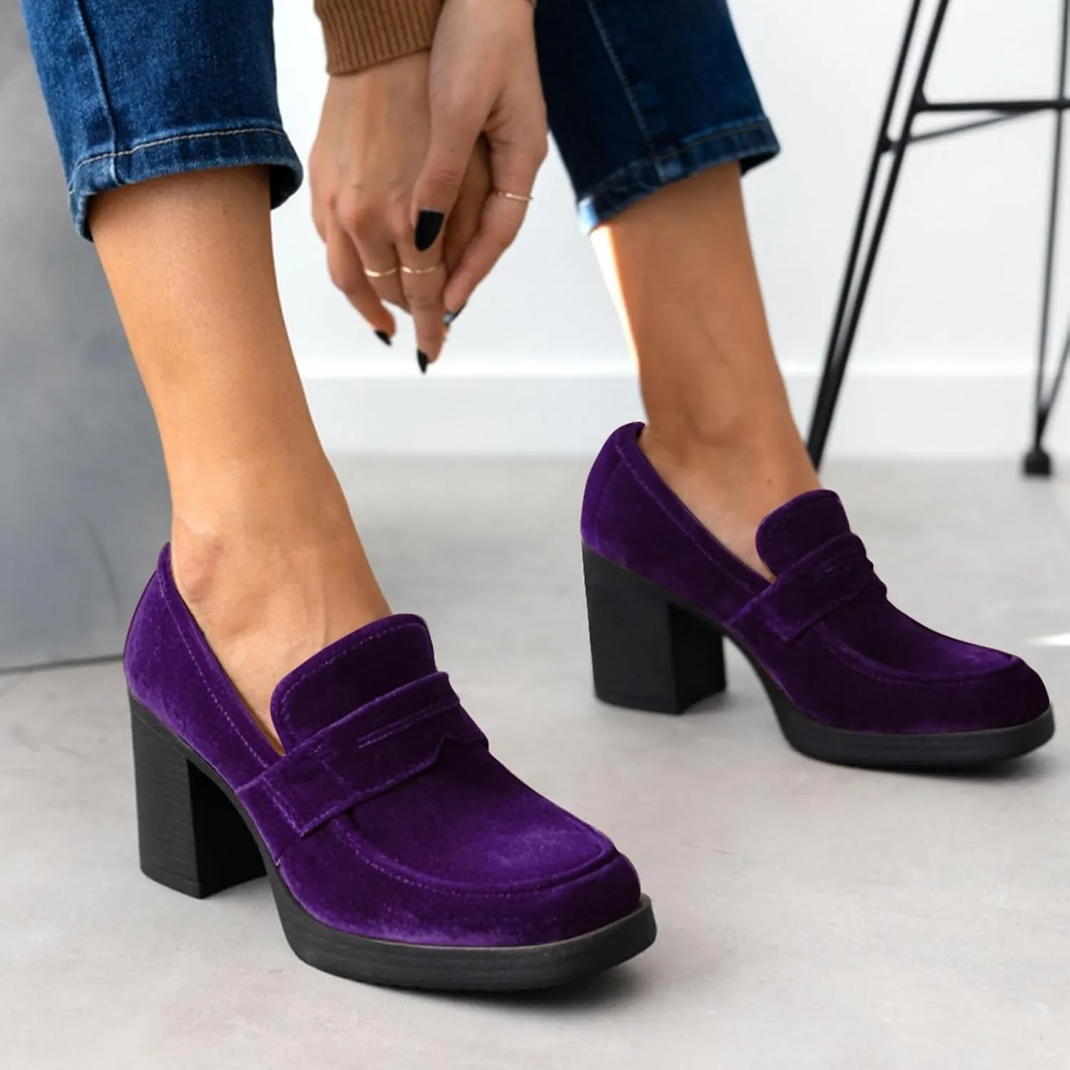heelchic Chunky Loafers Women Dressy, Pumps Shoes for Women Pointed Closed Toe, Comfortable Block Heels Penny Loafers Slip On