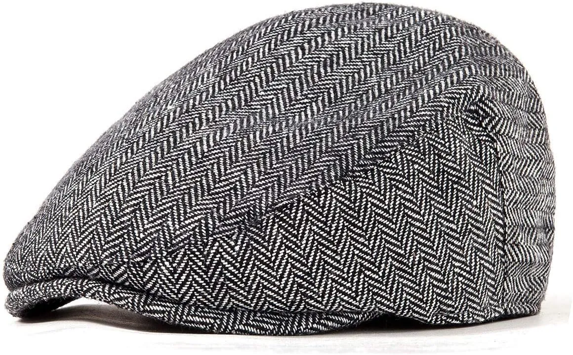 Herringbone Flat Ivy Newsboy Cap for Men Classic Wool Blend Tweed Cabbie Hat